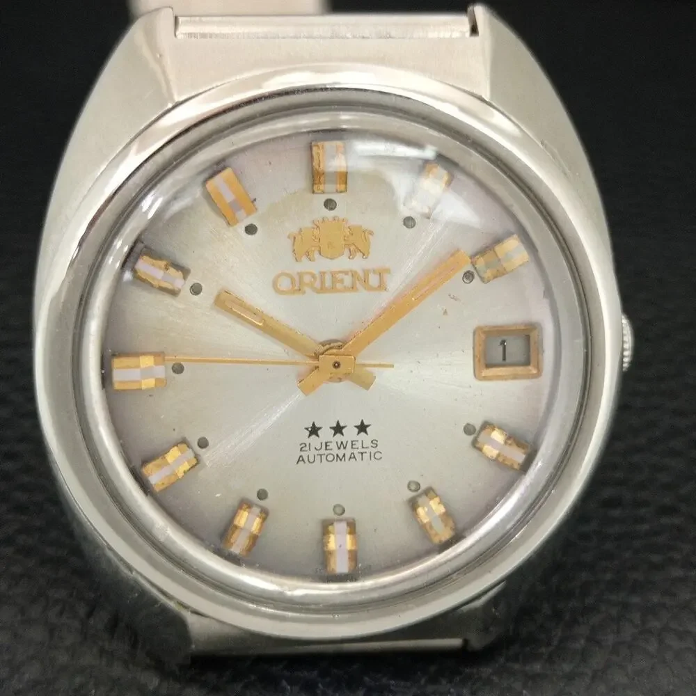 Vintage 1982 Orient Automatic Mens Silver Watch W/daydate & Patina accents